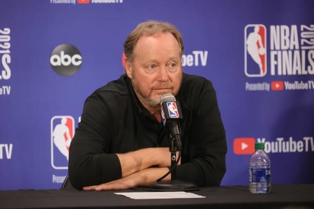 Head Coach Mike Budenholzer of the Milwaukee Bucks talks to the media after the game against the Phoenix Suns during Game One of the 2021 NBA Finals...