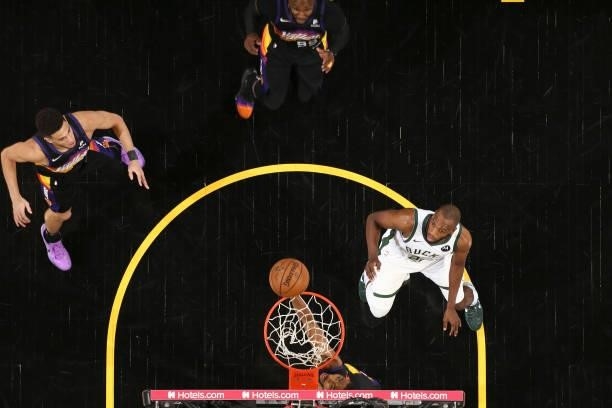 Mikal Bridges of the Phoenix Suns shoots the ball against the Milwaukee Bucks during Game One of the 2021 NBA Finals on July 6, 2021 at Talking Stick...