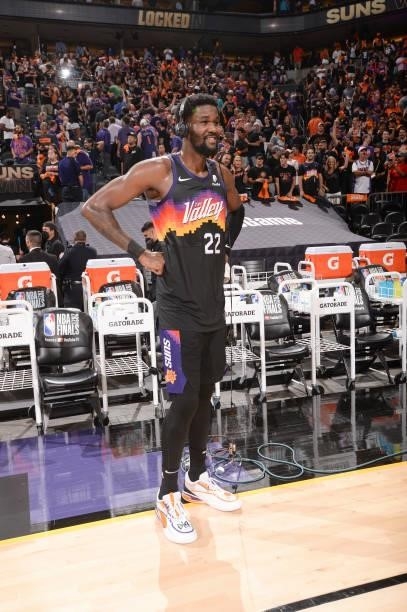 Deandre Ayton of the Phoenix Suns talks to the media after the game against the Milwaukee Bucks during Game One of the 2021 NBA Finals on July 6,...