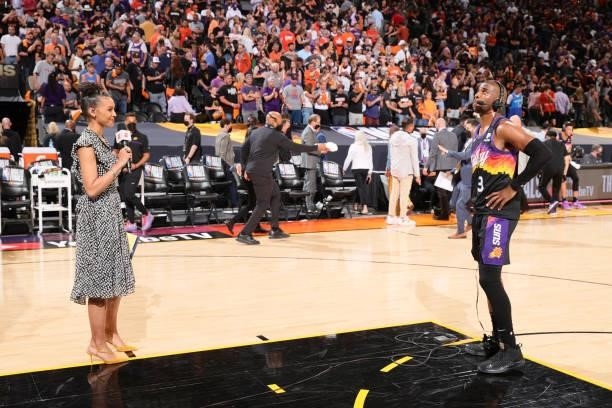 Sideline Reporter, Malika Andrews interviews Chris Paul of the Phoenix Suns after the game against the Milwaukee Bucks during Game One of the 2021...