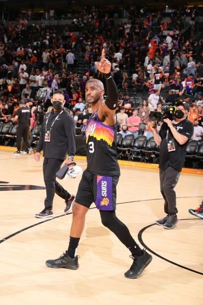 Chris Paul of the Phoenix Suns waves to the crowd after the game against the Milwaukee Bucks during Game One of the 2021 NBA Finals on July 6, 2021...
