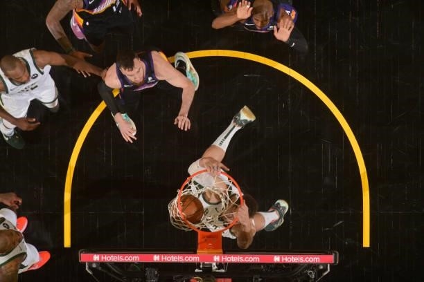 Brook Lopez of the Milwaukee Bucks dunks the ball against the Phoenix Suns during Game One of the 2021 NBA Finals on July 6, 2021 at Phoenix Suns...