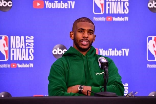 Chris Paul of the Phoenix Suns talks to the media after the game against the Milwaukee Bucks during Game One of the 2021 NBA Finals on July 6, 2021...