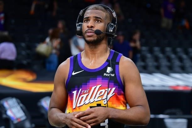 Chris Paul of the Phoenix Suns talks to the media on the court after Game One of the 2021 NBA Finals against the Milwaukee Bucks on July 6, 2021 at...