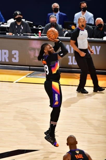 Jae Crowder of the Phoenix Suns shoots a three point basket against the Milwaukee Bucks during Game One of the 2021 NBA Finals on July 6, 2021 at...