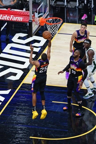 Mikal Bridges of the Phoenix Suns drives to the basket against the Milwaukee Bucks during Game One of the 2021 NBA Finals on July 6, 2021 at Phoenix...
