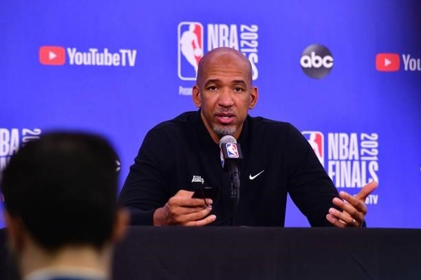 Head Coach Monty Williams of the Phoenix Suns talks to the media after the game against the Milwaukee Bucks during Game One of the 2021 NBA Finals on...