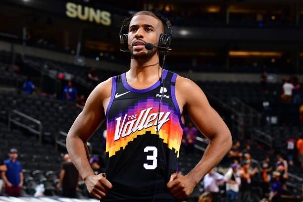 Chris Paul of the Phoenix Suns is interviewed after the game against the Milwaukee Bucks during Game One of the 2021 NBA Finals on July 6, 2021 at...
