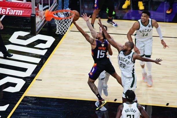 Cameron Payne of the Phoenix Suns drives to the basket against the Milwaukee Bucks during Game One of the 2021 NBA Finals on July 6, 2021 at Phoenix...