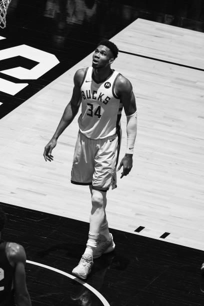Giannis Antetokounmpo of the Milwaukee Bucks looks on during Game One of the 2021 NBA Finals on July 6, 2021 at Phoenix Suns Arena in Phoenix,...