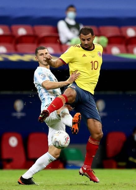 Edwin Cardona of Colombia competes for the ball with Guido Rodriguez of Argentina ,during the Conmebol Copa America Brazil 2021 semi-final between...