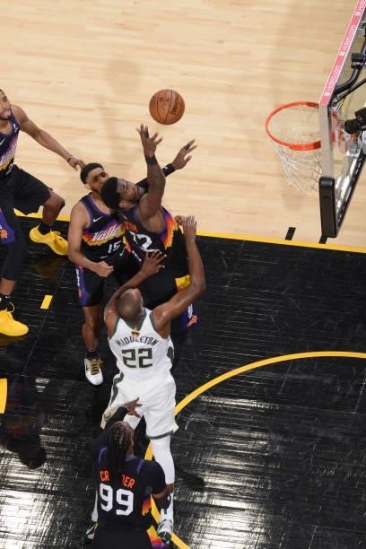 Deandre Ayton of the Phoenix Suns drives to the basket against the Milwaukee Bucks during Game One of the 2021 NBA Finals on July 6, 2021 at Phoenix...