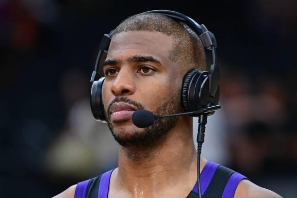 Chris Paul of the Phoenix Suns talks to the media on the court after Game One of the 2021 NBA Finals against the Milwaukee Bucks on July 6, 2021 at...