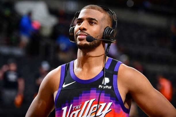 Chris Paul of the Phoenix Suns is interviewed after the game against the Milwaukee Bucks during Game One of the 2021 NBA Finals on July 6, 2021 at...