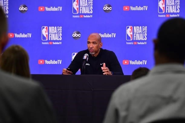 Head Coach Monty Williams of the Phoenix Suns talks to the media after the game against the Milwaukee Bucks during Game One of the 2021 NBA Finals on...