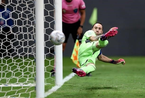 Goalkeeper Goalkeeper David Ospina of Colombia dives during a penalty shootout during the semifinal match against Argentina as part of Conmebol Copa...
