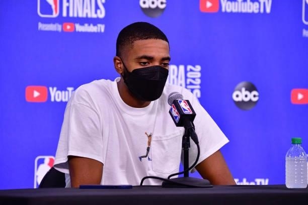 Mikal Bridges of the Phoenix Suns talks to the media after the game against the Milwaukee Bucks during Game One of the 2021 NBA Finals on July 6,...