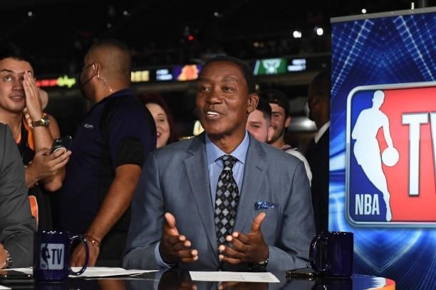 Analyst Isiah Thomas looks on after the game before the game between the Milwaukee Bucks and the Phoenix Suns during Game One of the 2021 NBA Finals...