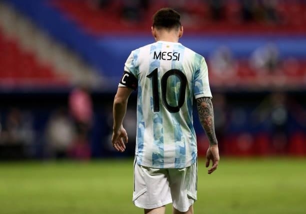 Lionel Messi of Argentina reacts during the Conmebol Copa America Brazil 2021 semi-final between Argentina and Colombia at Mane Garrincha Stadium on...