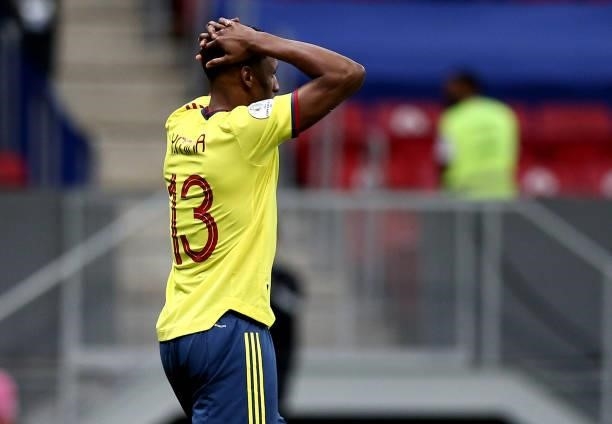 Yerry Mina of Colombia disappointed after miss a penalty during a penalty shootout in the Conmebol Copa America Brazil 2021 semi-final between...