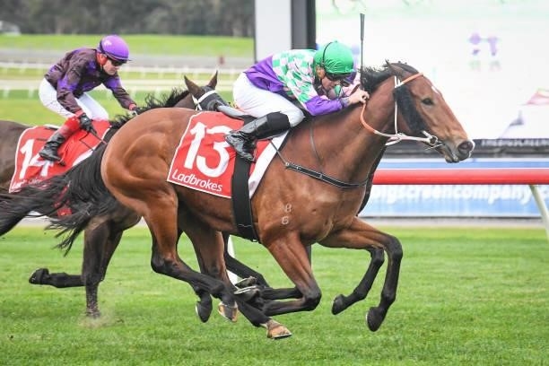 Sessions Road ridden by Dean Holland wins the @2unitspodcast Handicap at Ladbrokes Park Hillside Racecourse on July 07, 2021 in Springvale, Australia.