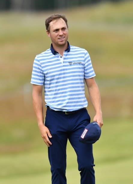 Justin Thomas of United States finishes his round at the 18th green during a practice day prior to the abrdn Scottish Open at The Renaissance Club on...