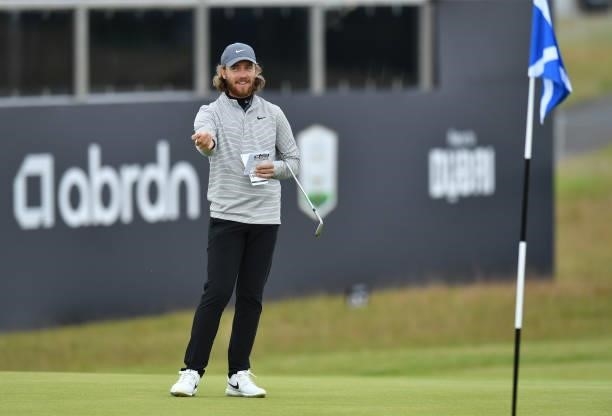 Tommy Fleetwood of England at the 18th hole during a practice day prior to the abrdn Scottish Open at The Renaissance Club on July 7, 2021 in North...