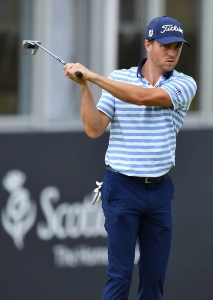 Justin Thomas of United States at the 18th green during a practice day prior to the abrdn Scottish Open at The Renaissance Club on July 7, 2021 in...