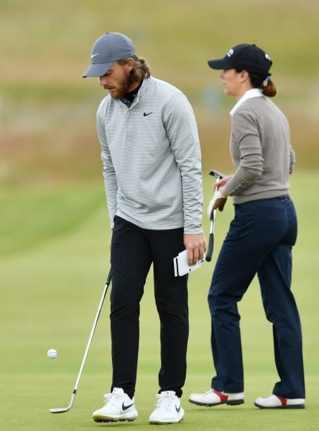 Tommy Fleetwood of England at the 18th hole during a practice day prior to the abrdn Scottish Open at The Renaissance Club on July 7, 2021 in North...