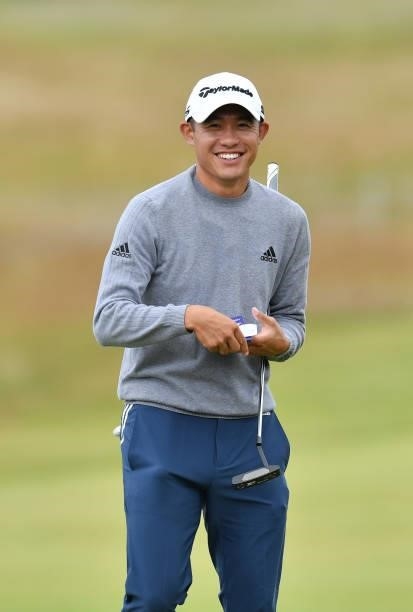 Collin Morikawa of United States at the 18th green during a practice day prior to the abrdn Scottish Open at The Renaissance Club on July 7, 2021 in...
