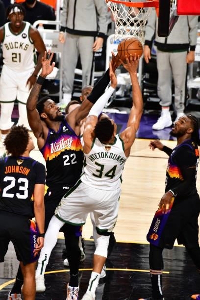 Deandre Ayton of the Phoenix Suns attempts to block the ball during Game One of the 2021 NBA Finals on July 6, 2021 at Phoenix Suns Arena in Phoenix,...