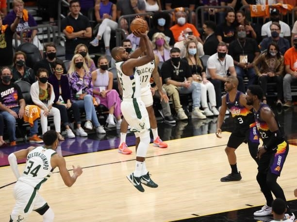 Khris Middleton of the Milwaukee Bucks shoots the ball against the Phoenix Suns during Game One of the 2021 NBA Finals on July 6, 2021 at Phoenix...