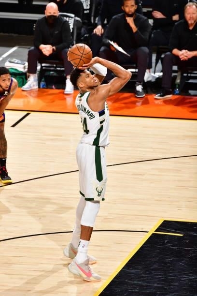 Giannis Antetokounmpo of the Milwaukee Bucks shoots a free throw during Game One of the 2021 NBA Finals on July 6, 2021 at Phoenix Suns Arena in...