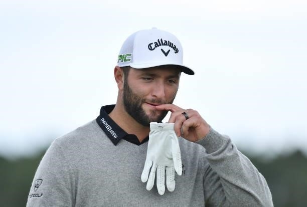 Jon Rahm of Spain at the 18th green during a practice day prior to the abrdn Scottish Open at The Renaissance Club on July 7, 2021 in North Berwick,...