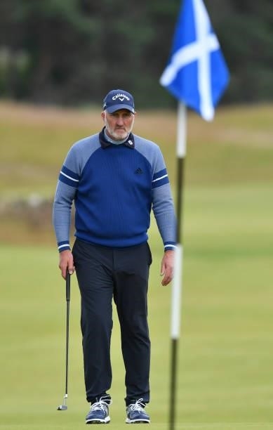 Ex footballer Alan McInally , finishes his round at the 18th green during a practice day prior to the abrdn Scottish Open at The Renaissance Club on...