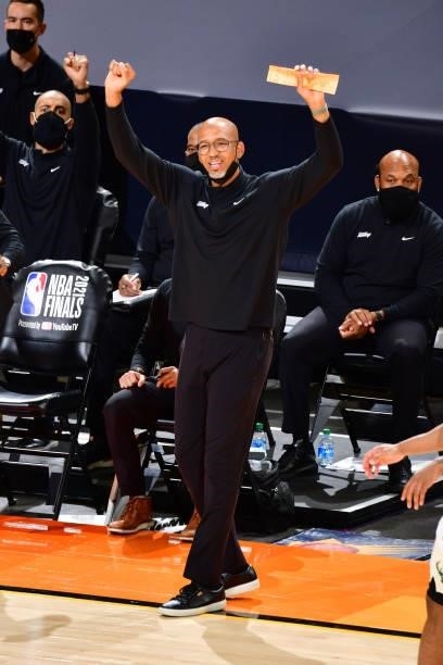 Head Coach Monty Williams of the Phoenix Suns celebrates during Game One of the 2021 NBA Finals on July 6, 2021 at Phoenix Suns Arena in Phoenix,...