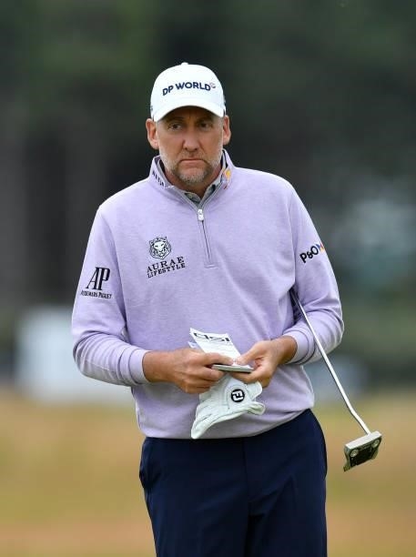 Ian Poulter of England finishes his round at the 18th hole during a practice day prior to the abrdn Scottish Open at The Renaissance Club on July 7,...