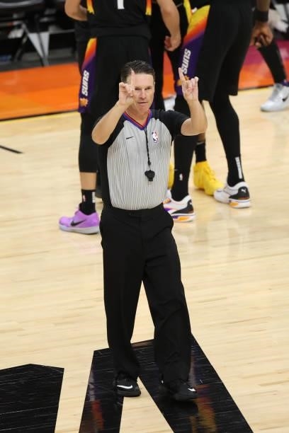 Referee Pat Fraher officiates the game between the Milwaukee Bucks and the Phoenix Suns during Game One of the 2021 NBA Finals on July 6, 2021 at...