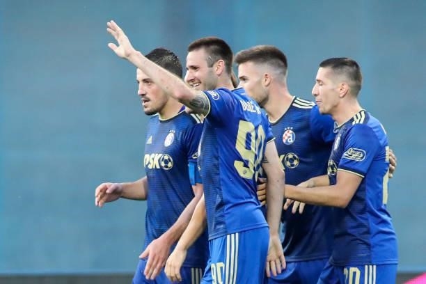 Dinamo Zagreb players celebrate a goalduring UEFA Champions League First Qualifying Round match between GNK Dinamo Zagreb and Valur at Maksimir...