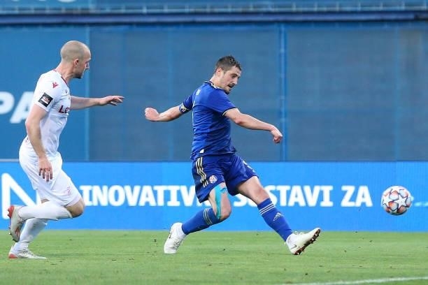Arijan Ademi of Dinamo Zagreb scores a goal during UEFA Champions League First Qualifying Round match between GNK Dinamo Zagreb and Valur at Maksimir...