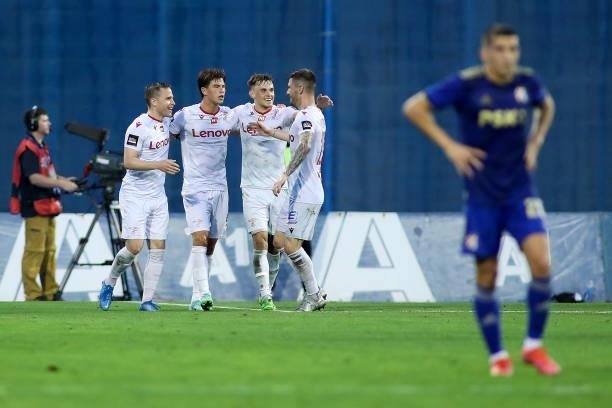 Valur players celebrate a goal during UEFA Champions League First Qualifying Round match between GNK Dinamo Zagreb and Valur at Maksimir Stadium in...