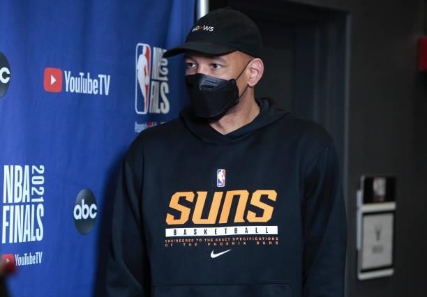 Head Coach Monty Williams of the Phoenix Suns speaks to the media after the game against Milwaukee Bucks during Game One of the 2021 NBA Finals on...