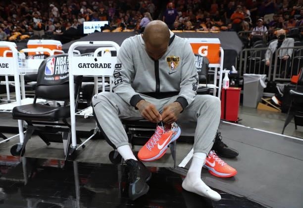 Tucker of the Milwaukee Bucks puts on his shoes against the Phoenix Suns during Game One of the 2021 NBA Finals on July 6, 2021 at Phoenix Suns Arena...
