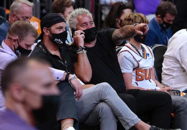 Guy Fieri takes in the game of the Milwaukee Bucks against the Phoenix Suns during Game One of the 2021 NBA Finals on July 6, 2021 at Phoenix Suns...