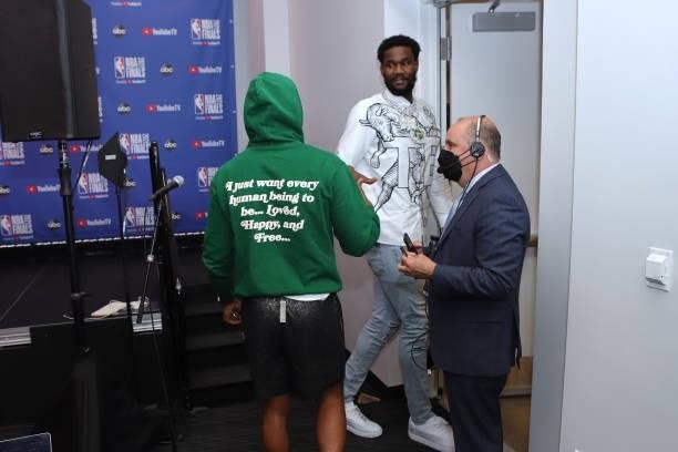 Chris Paul and Deandre Ayton of the Phoenix Suns at the postgame interview against Milwaukee Bucks during Game One of the 2021 NBA Finals on July 6,...