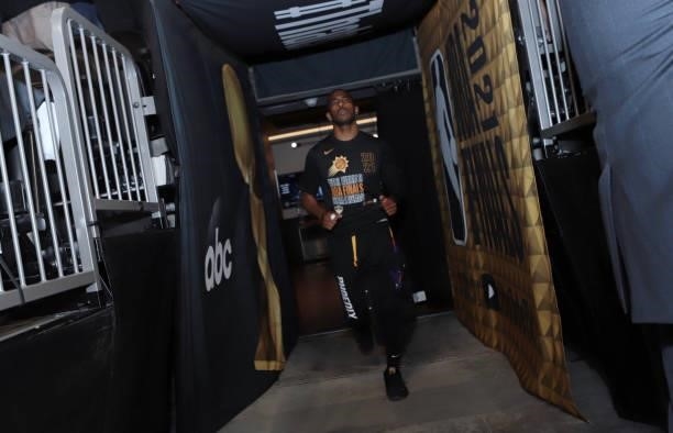 Chris Paul of the Phoenix Suns heads to the court against Milwaukee Bucks during Game One of the 2021 NBA Finals on July 6, 2021 at Phoenix Suns...
