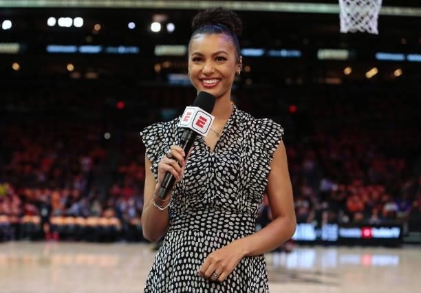Announcer Malika Andrews prepares for the game of the Milwaukee Bucks against the Phoenix Suns during Game One of the 2021 NBA Finals on July 6, 2021...