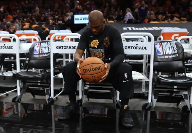 Chris Paul of the Phoenix Suns focuses in on the game against Milwaukee Bucks during Game One of the 2021 NBA Finals on July 6, 2021 at Phoenix Suns...