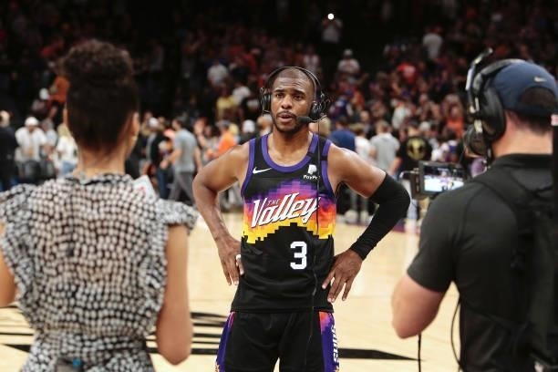 Chris Paul of the Phoenix Suns speaks to the media after the game against Milwaukee Bucks during Game One of the 2021 NBA Finals on July 6, 2021 at...
