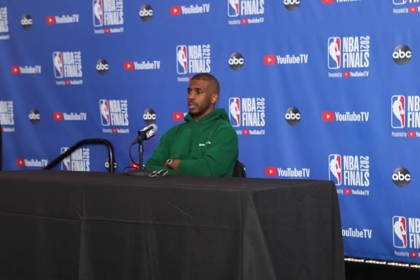 Chris Paul of the Phoenix Suns speaks during the postgame interview against Milwaukee Bucks during Game One of the 2021 NBA Finals on July 6, 2021 at...